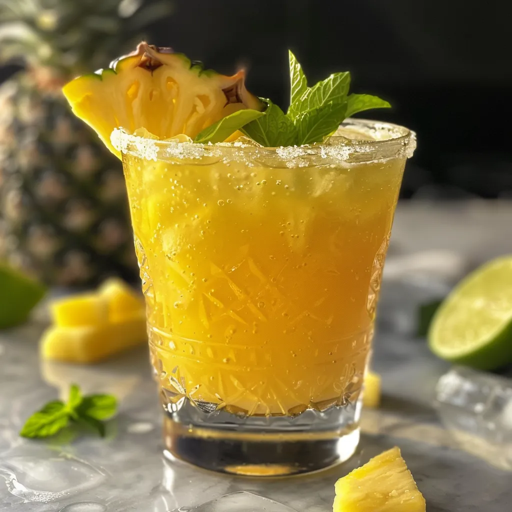 Side view of a refreshing Pineapple Tequila Smash in a glass with ice and garnishes.