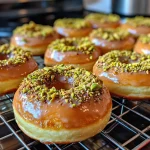 Close-up view of a pistachio donut with a green hue and a sugar coating.