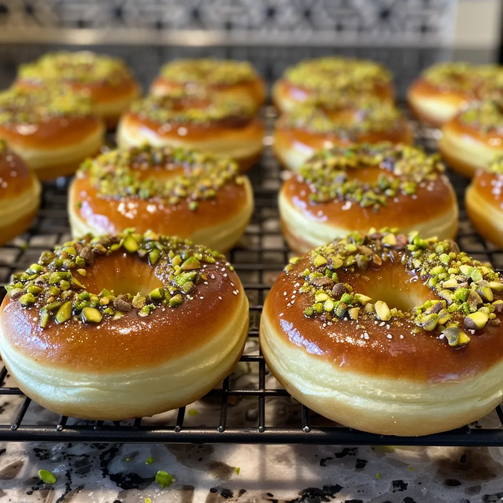 Side view of a delicious pistachio donut, showcasing its texture and topping.