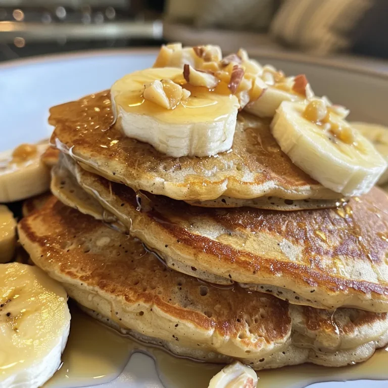Close-up view of protein pancakes topped with banana slices.