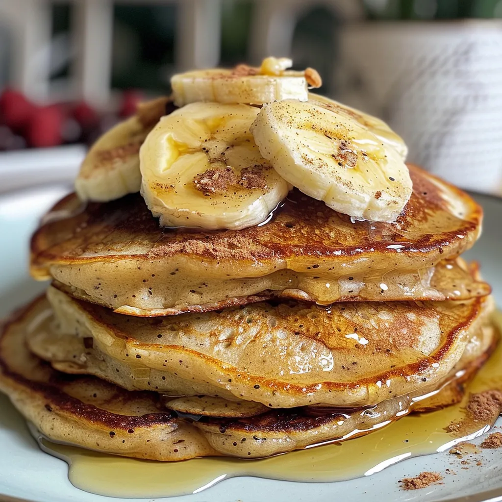 Stacked protein pancakes with ripe banana pieces on top.