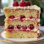 Close-up side view of a raspberry lemon cake, showcasing its layers and frosting.