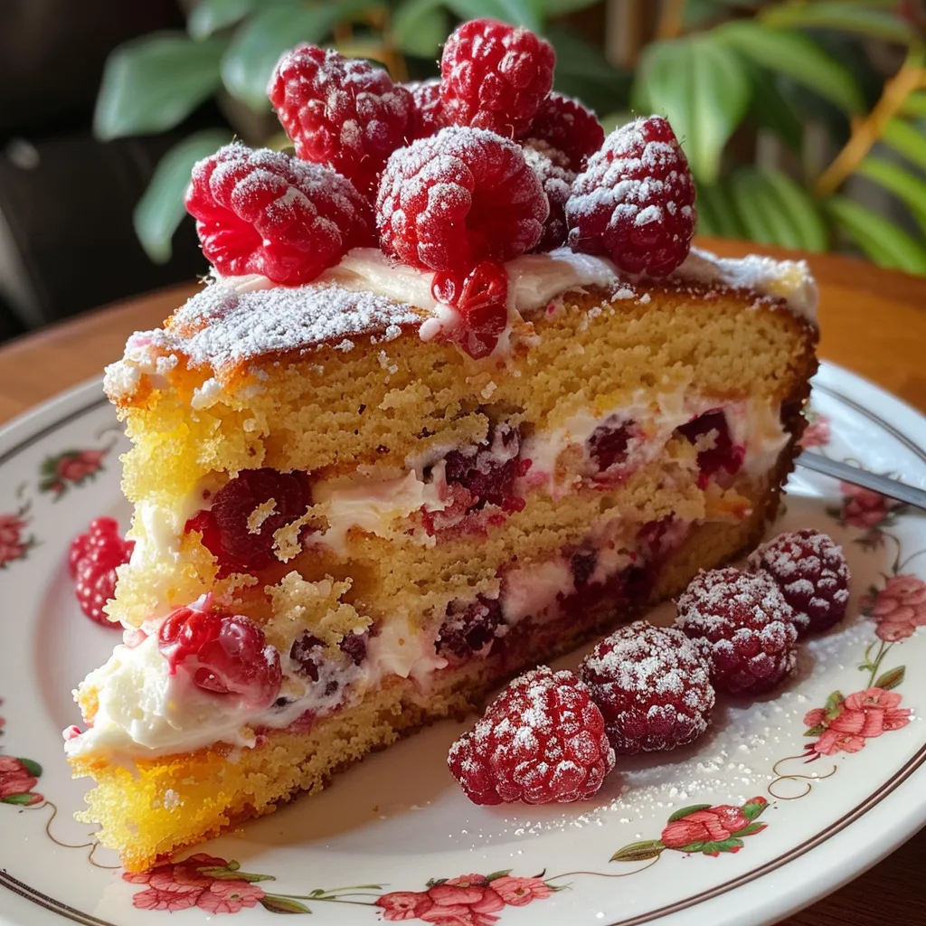 Juicy raspberry lemon cake with a smooth lemon buttercream frosting, garnished with fresh raspberries.