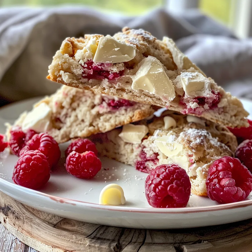 Moist Raspberry White Chocolate Scones, revealing chunks of white chocolate and fresh raspberries on a rustic surface.