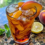 Close-up of a glass of peach tea with ice and fresh peach slices.