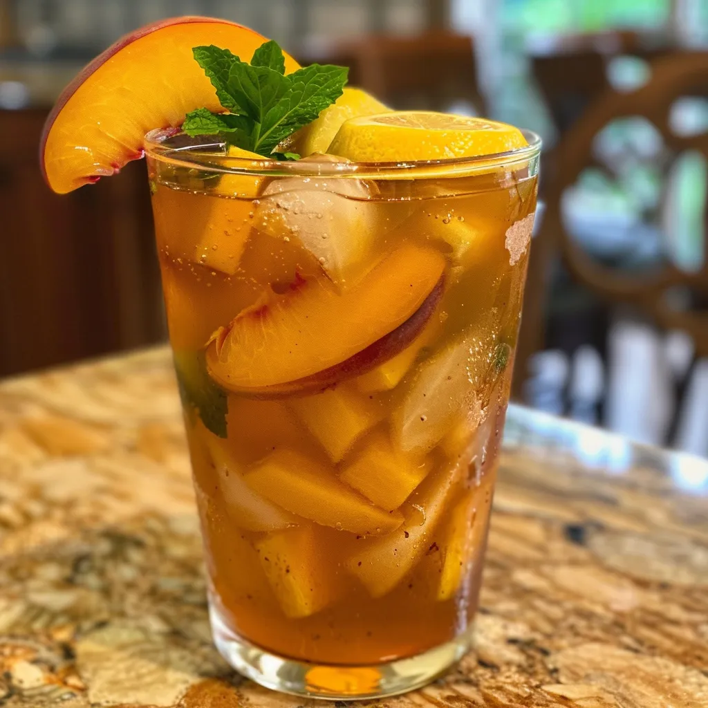 Side view of peach tea garnished with mint leaves and lemon slices.