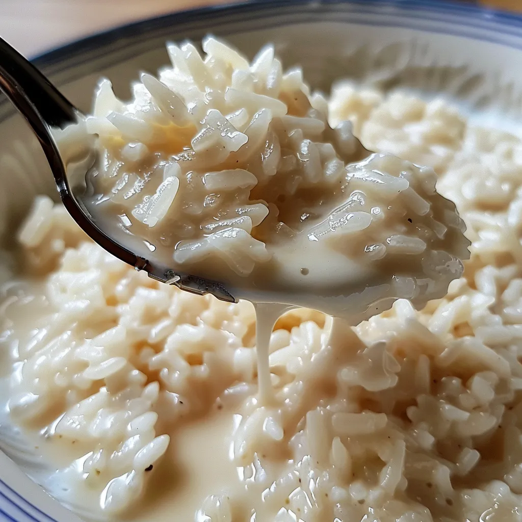 Close-up of a dessert bowl filled with Riz au Lait, garnished with a vanilla bean.