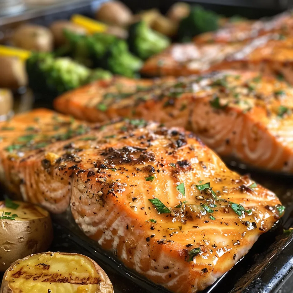 Side view of a vibrant sheet pan meal featuring salmon, baby potatoes, and broccoli.