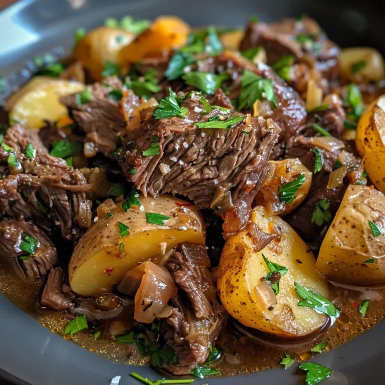 Close-up of Slow Cooker Garlic Butter Beef with Potatoes, showcasing tender meat and golden potatoes.