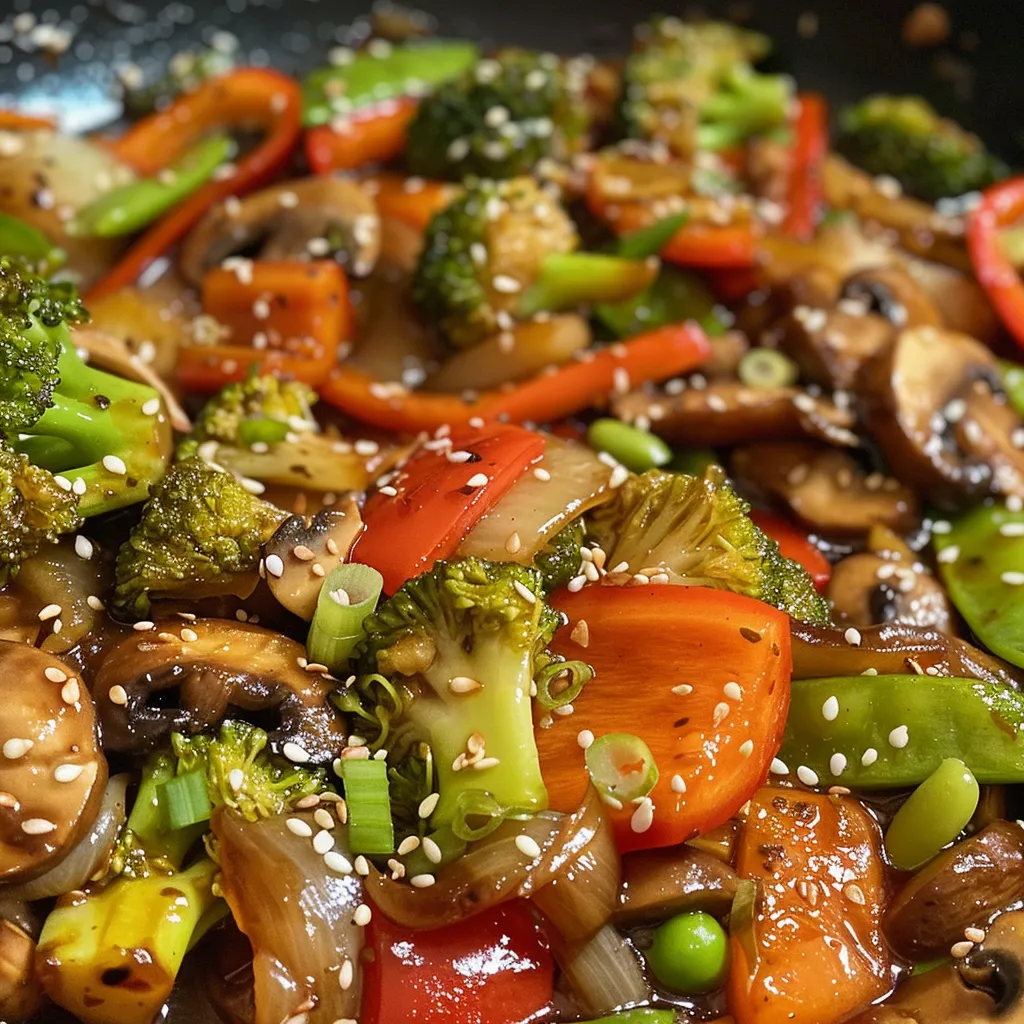 Brightly colored vegetables including bell peppers and broccoli in a stir-fry arrangement.