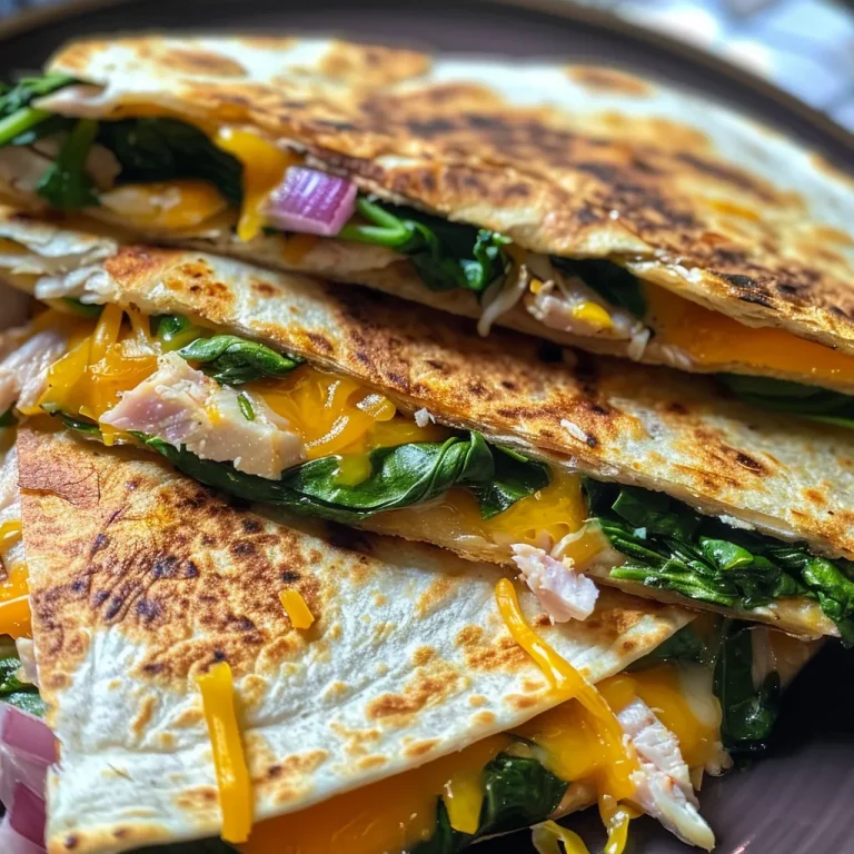 Close-up view of a sliced quesadilla filled with turkey and spinach.