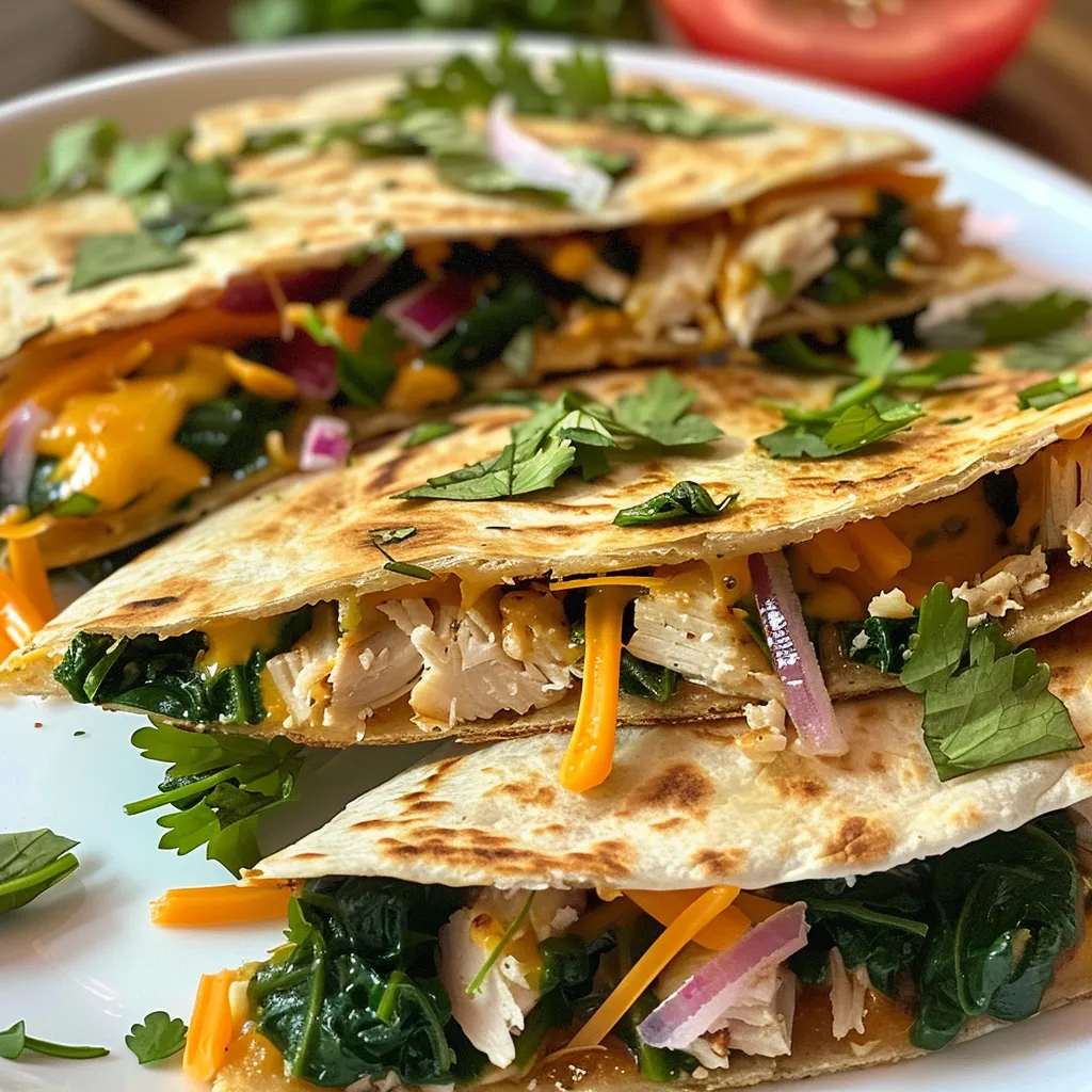 Juicy turkey and spinach quesadilla displayed on a plate.