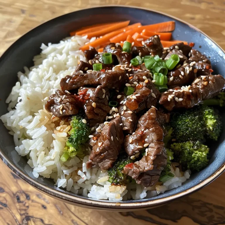A Flavorful Journey Spicy Beef Rice Bowls with Chili Sesame Cream A close-up side view of a spicy beef rice bowl topped with chili sesame cream and garnished with green onions and sesame seeds.