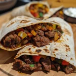 Close-up of a juicy spicy beef wrap filled with colorful ingredients.