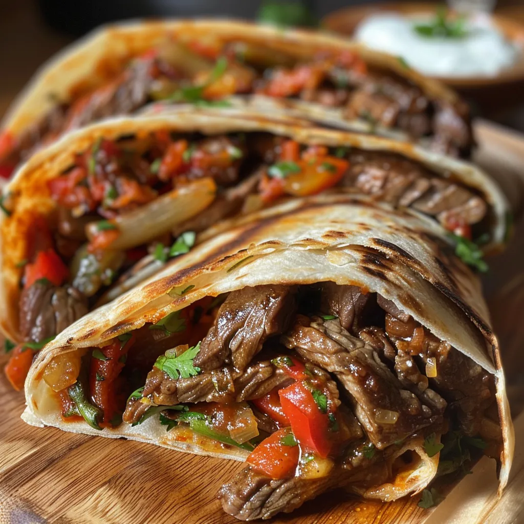 Side view of a delicious beef wrap showcasing vibrant fillings and toppings.