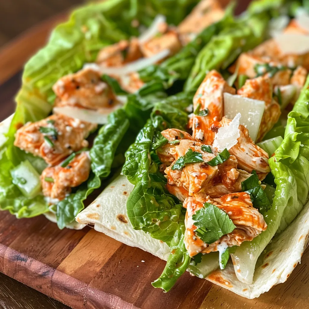 Juicy Spicy Buffalo Chicken Caesar Wrap showcasing fresh lettuce and chicken.