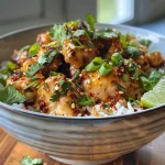 Close-up view of a Spicy Garlic Chicken Rice Bowl with creamy chili sauce and garnishes.