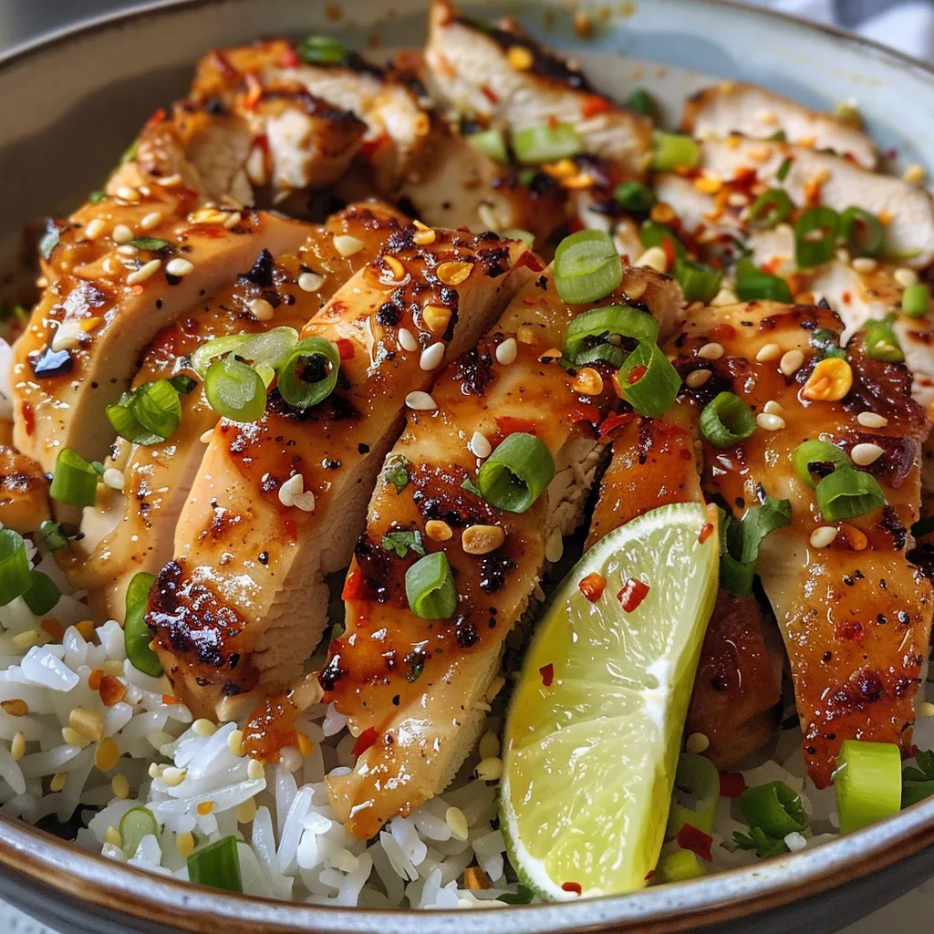 Side view of a vibrant rice bowl topped with spicy garlic chicken, green onions, and cilantro.