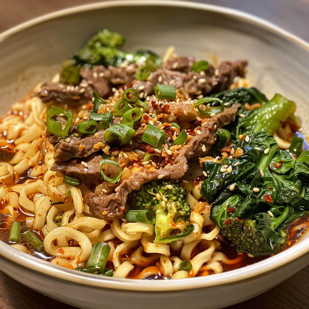 Side perspective of a bowl of ramen noodles with a rich red chili oil, fresh garlic, and colorful vegetables.
