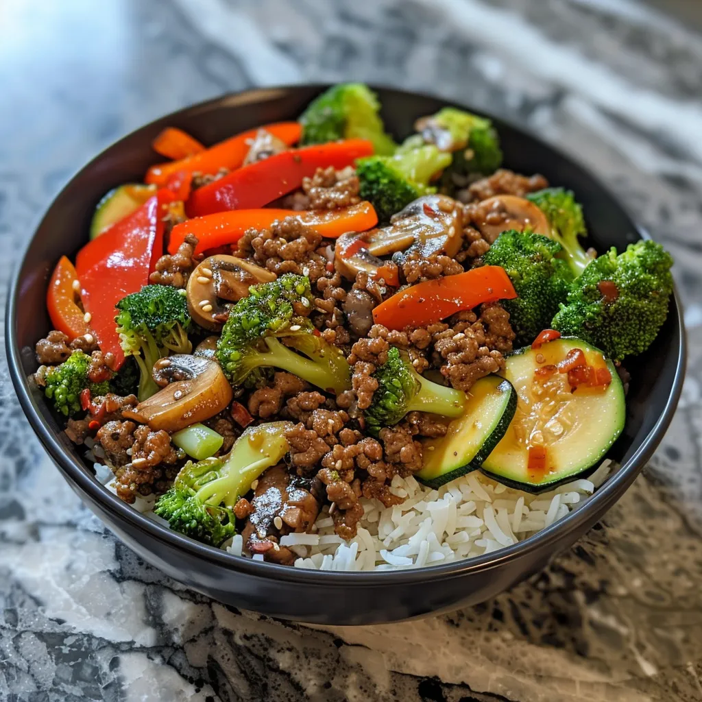 Juicy ground beef stir-fry served with broccoli, bell peppers, and rice.