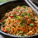 Close-up view of a colorful bowl of spicy noodles with fresh vegetables.