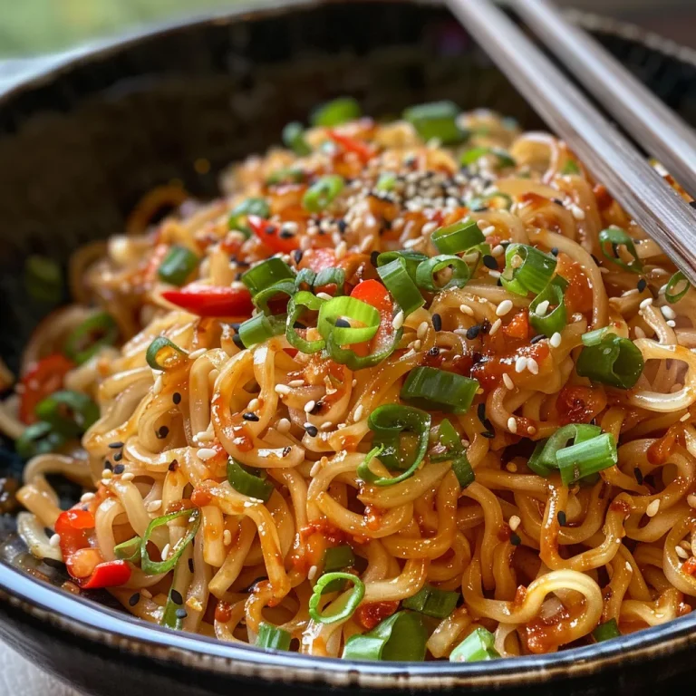 Close-up view of a colorful bowl of spicy noodles with fresh vegetables.