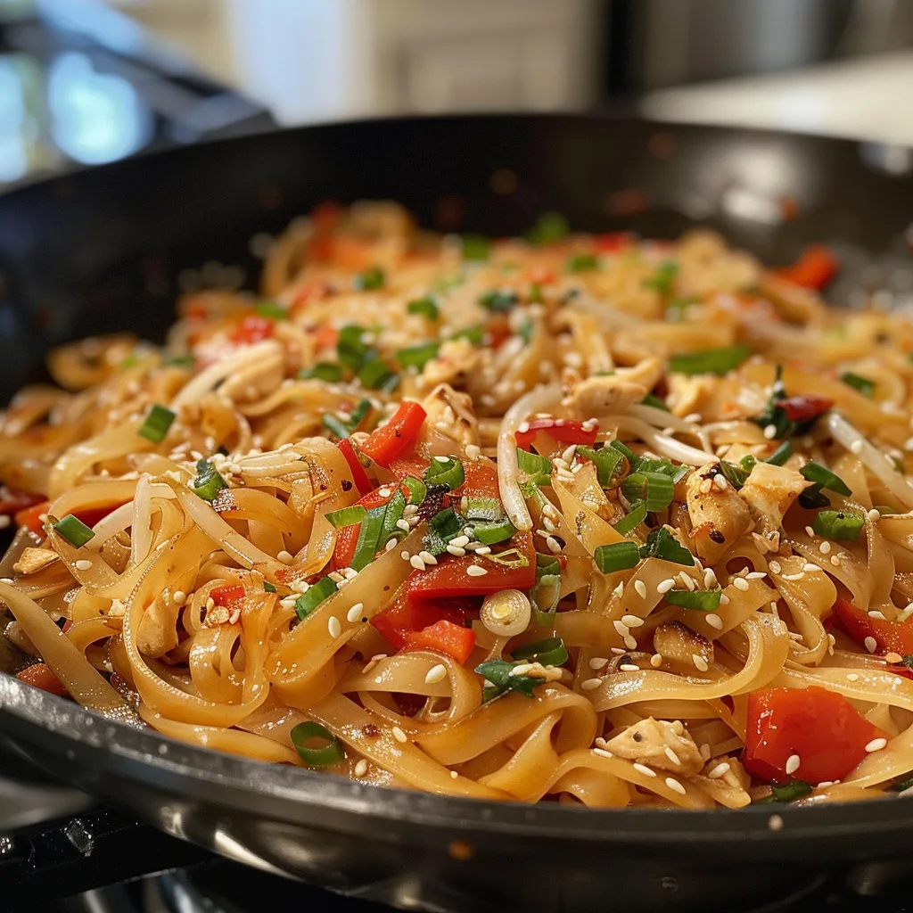 Side profile of delicious spicy noodles garnished with spring onions and peppers.
