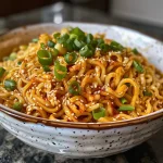 Close-up view of spicy Sriracha noodles with vibrant toppings.