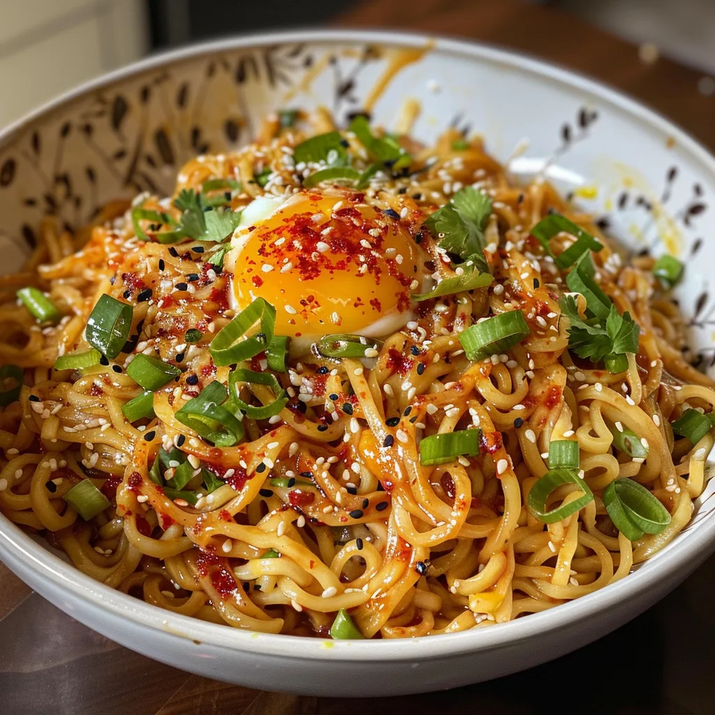 Side view of deliciously sauced Sriracha noodles and fresh herbs.