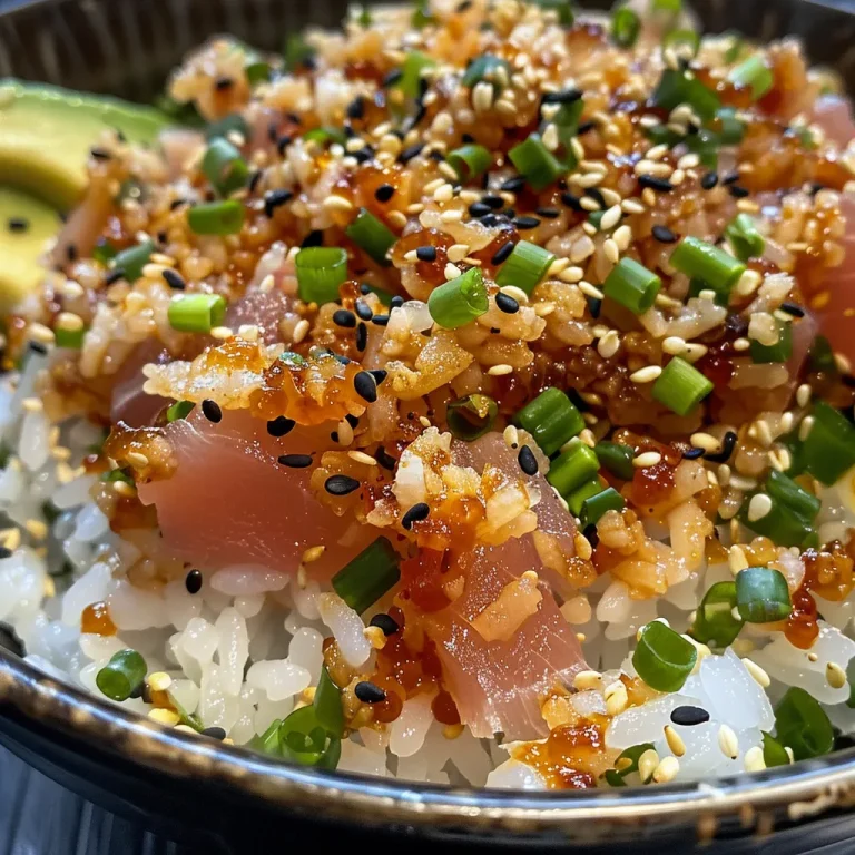 Crunchy Bites of Bliss: Discovering the Joy of Spicy Tuna Crispy Rice Close-up view of a serving of Spicy Tuna Crispy Rice topped with avocado and sesame seeds.