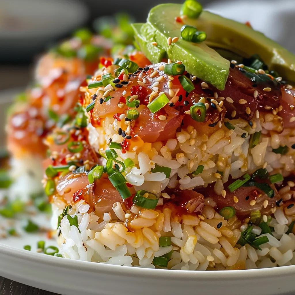 Side view of Spicy Tuna Crispy Rice showcasing its crispy base and vibrant toppings.