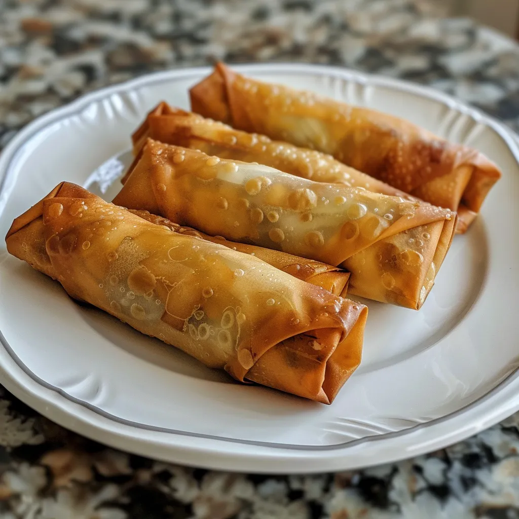Side view of freshly made spring rolls, showcasing their golden-brown texture.