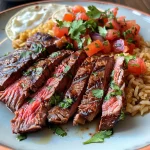 A close-up side view of a juicy steak served with savory tomato rice, garnished with cilantro.