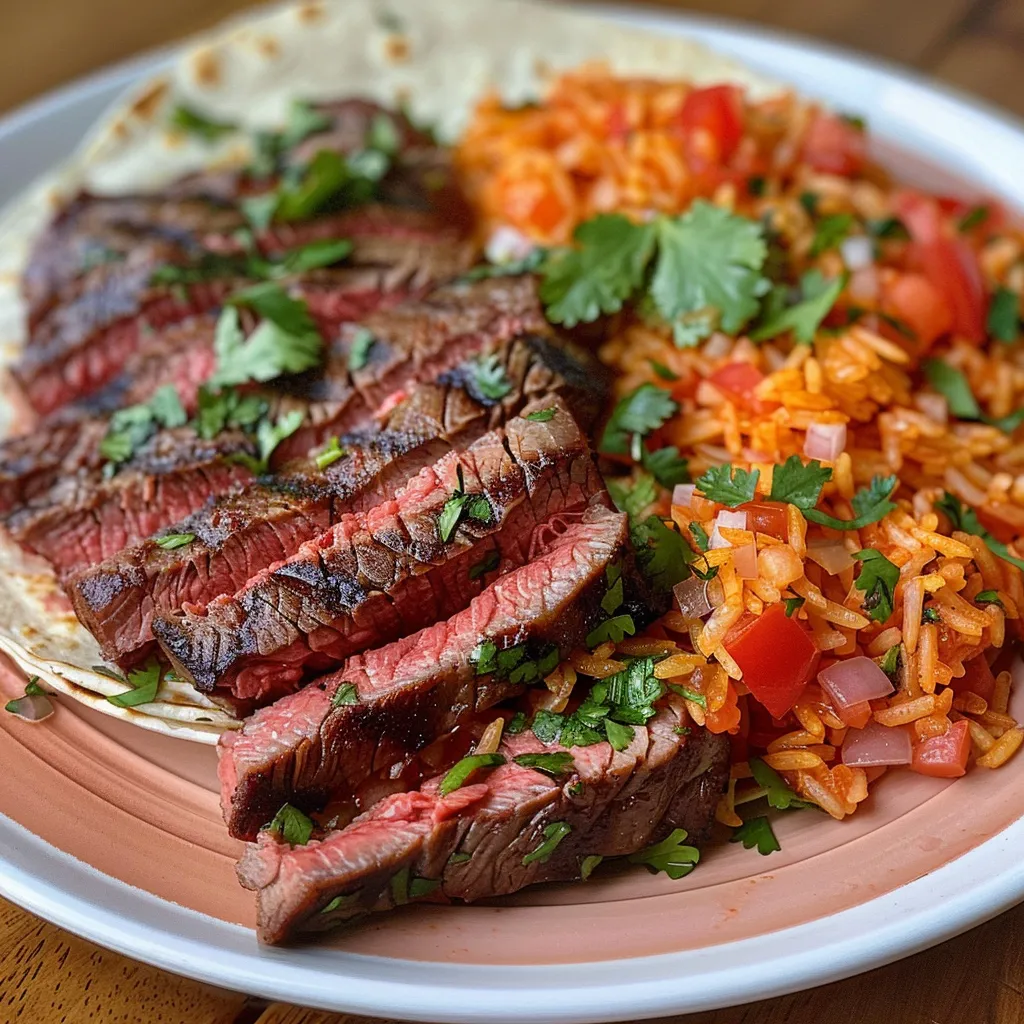 A plated dish featuring tender slices of steak alongside flavorful rice in a rich tomato sauce.