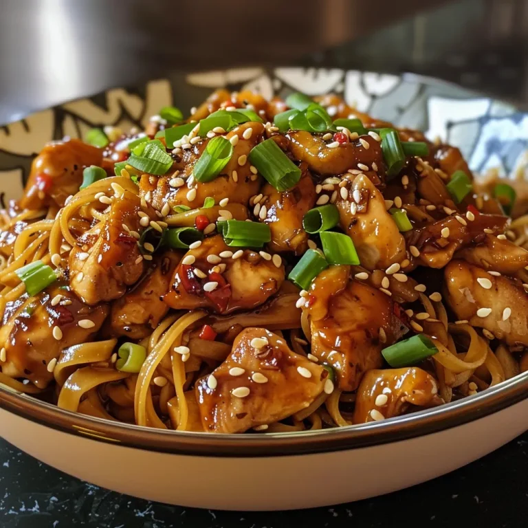 Noodles That Sing A Sticky Garlic Chicken Delight for Family Gatherings Close-up view of sticky garlic chicken noodles with chicken pieces, garlic, and green onions.