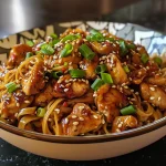 Close-up view of sticky garlic chicken noodles with sliced green onions and sesame seeds.