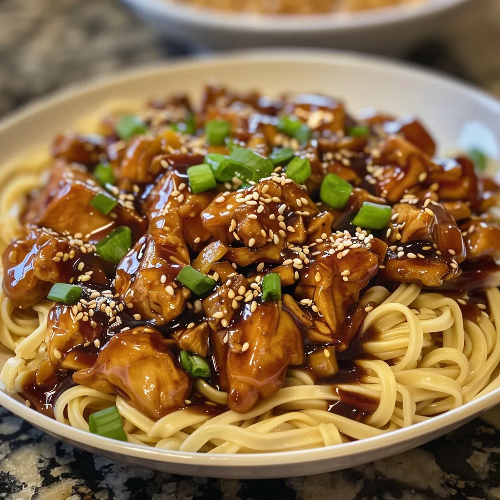 Juicy sticky garlic chicken served over noodles, garnished with sesame seeds and green onions.