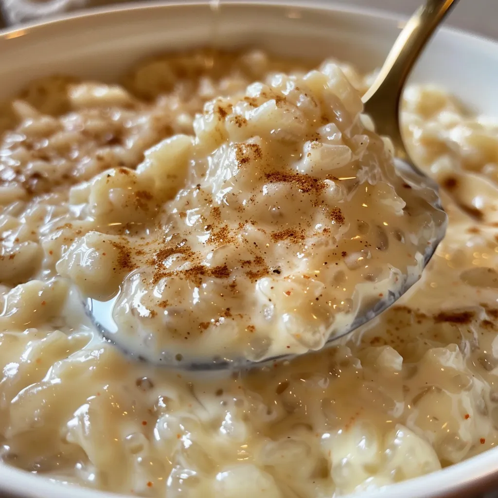 Side view of delicious rice pudding topped with a sprinkle of cinnamon.