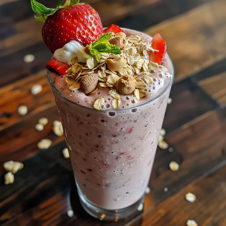 A Berry Bliss The Strawberry Almond Butter Smoothie That Brightens Mornings Close-up view of a strawberry almond butter smoothie in a glass, garnished with fresh strawberries.