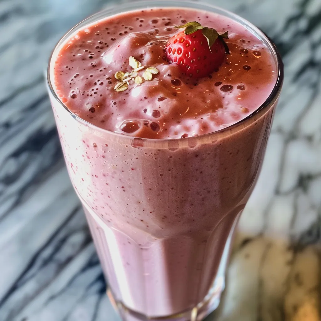 Side profile of a creamy strawberry almond butter smoothie with vibrant red strawberries on top.