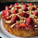 Close-up side view of a moist Strawberry Almond Tea Cake topped with fresh strawberries and sliced almonds.