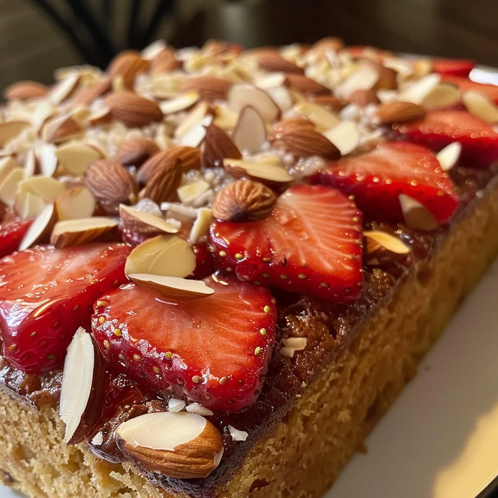 Side view of a cake showcasing layers of strawberries and almond slices, highlighted with vibrant colors.