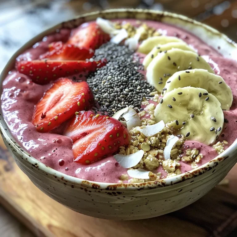 Close-up view of a vibrant strawberry banana smoothie bowl topped with fresh ingredients.