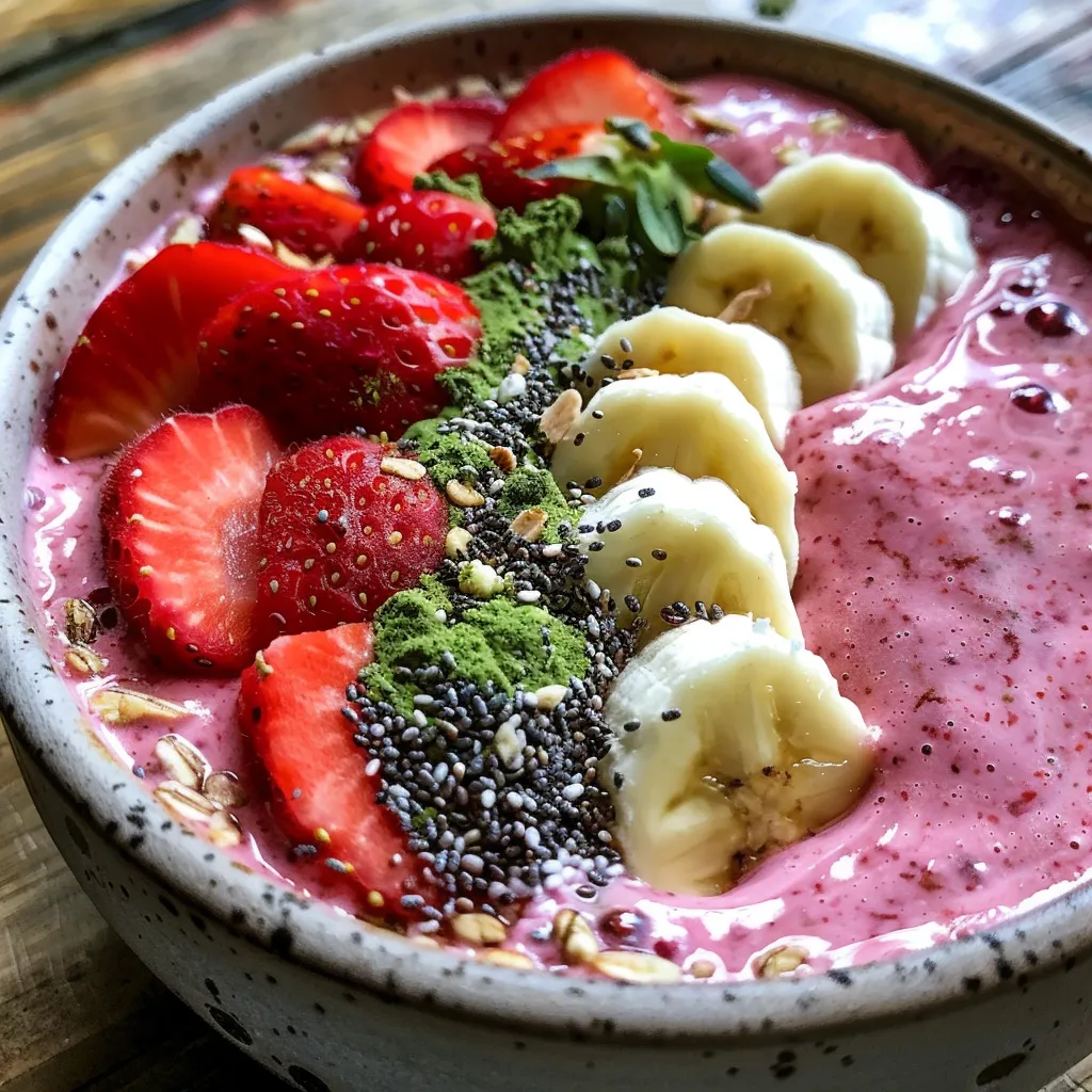Side profile of a smoothie bowl filled with blended strawberries and bananas, garnished with almonds.