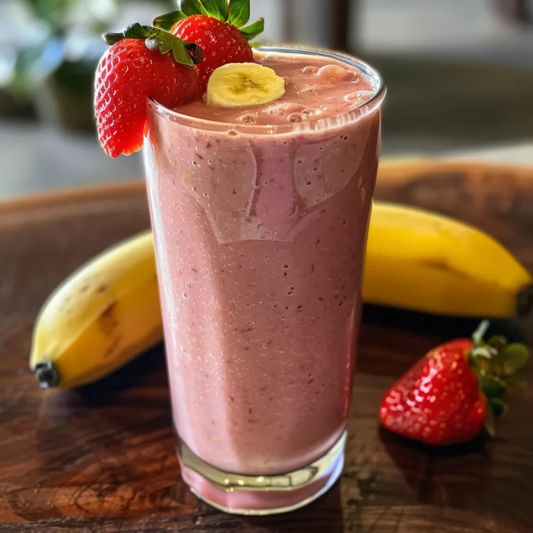 A Vibrant Strawberry Banana Smoothie to Brighten Your Morning A close-up view of a strawberry banana smoothie in a glass with fresh strawberries and banana slices.