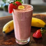 Close-up side view of a strawberry banana smoothie in a glass with fresh strawberries and a banana nearby.