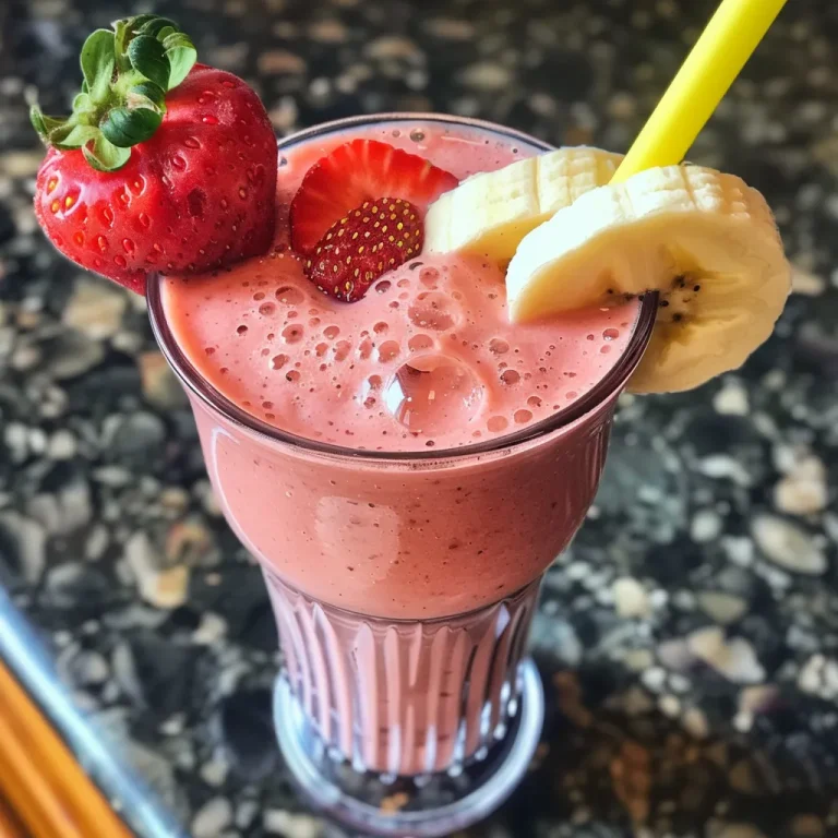 Close-up view of a strawberry banana smoothie in a glass with fresh fruit beside it.