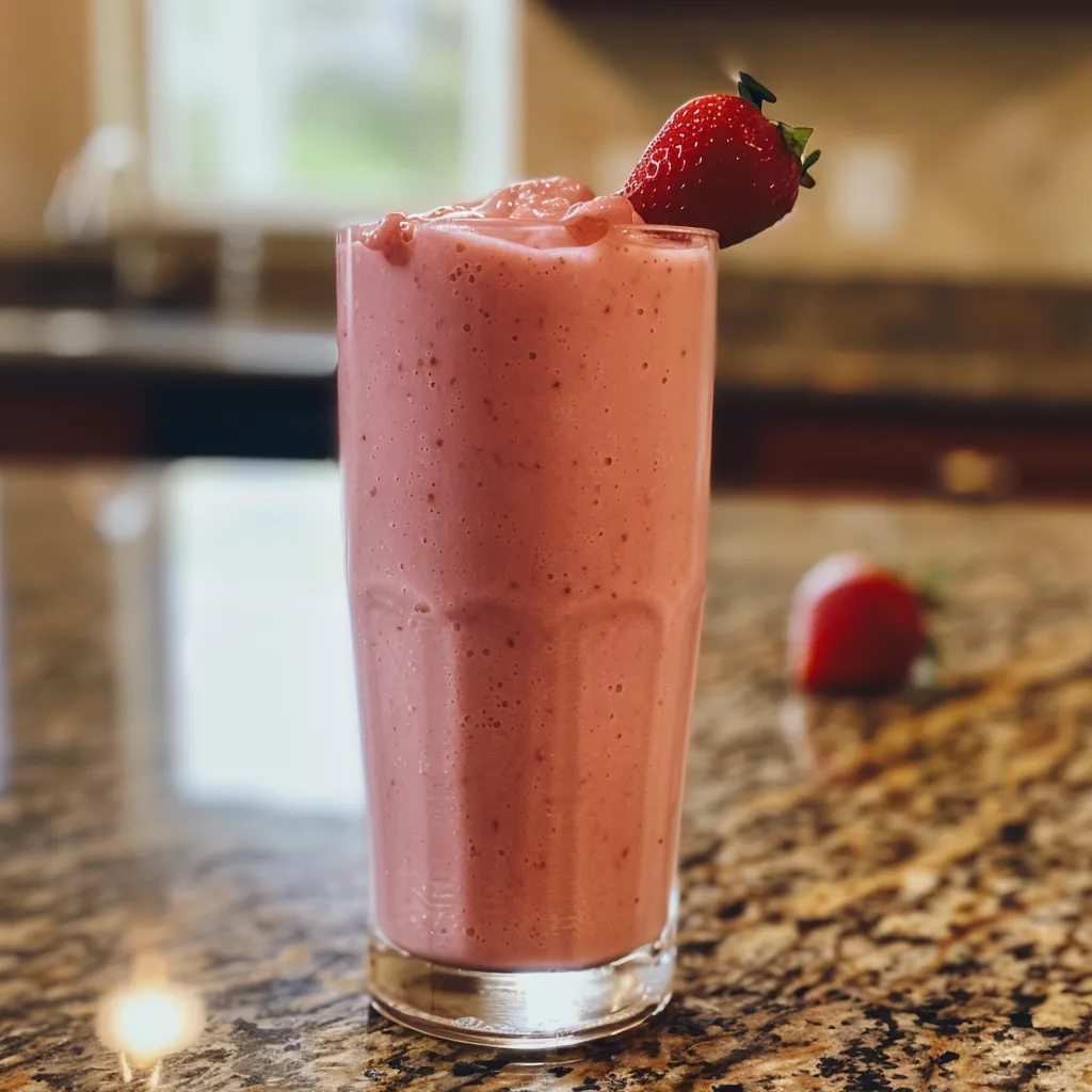 A vibrant strawberry banana smoothie displayed in a clear glass against a simple background, highlighting its creamy texture.