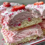 Side view of a strawberry cake ice cream sandwich with sprinkles and strawberries.