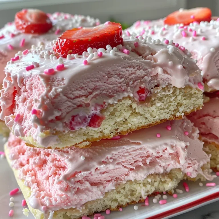 Side view of a strawberry cake ice cream sandwich with sprinkles and strawberries.